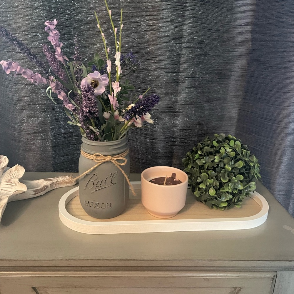 Farmhouse 4 piece - Lavender spray in Mason Jar, greenery ball & candle on tray